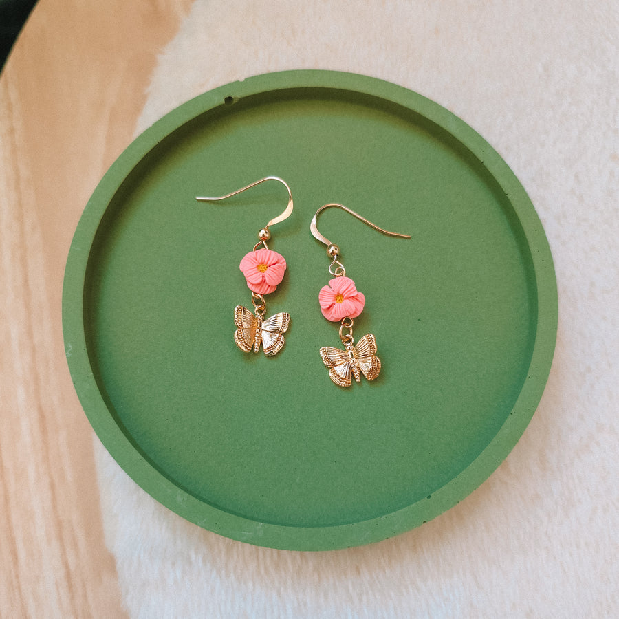 Pink Flower and Butterfly Earrings