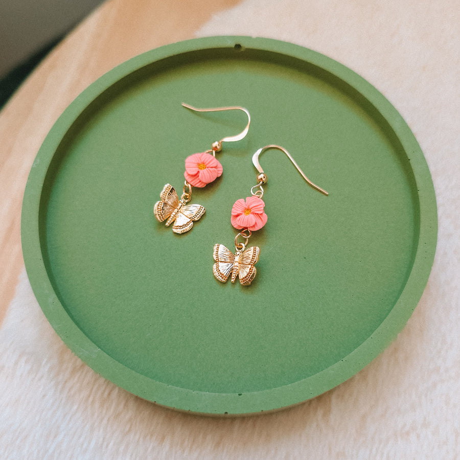 Pink Flower and Butterfly Earrings