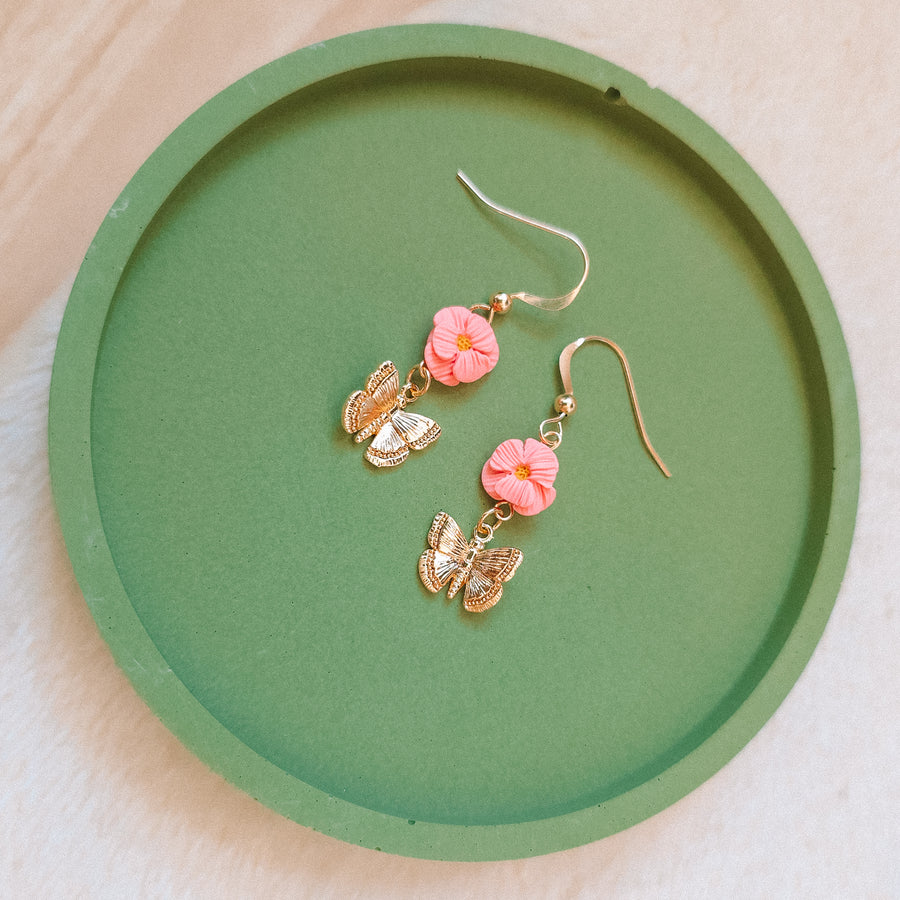 Pink Flower and Butterfly Earrings