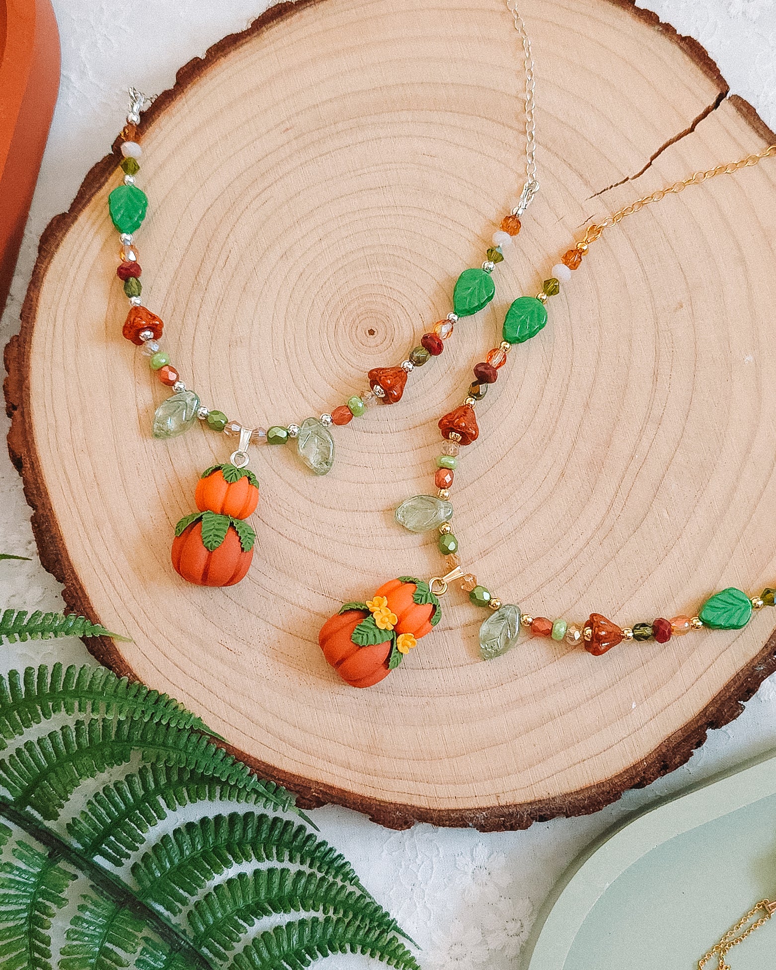 Pumpkin Stack Autumn Glass Bead & Chain Necklaces