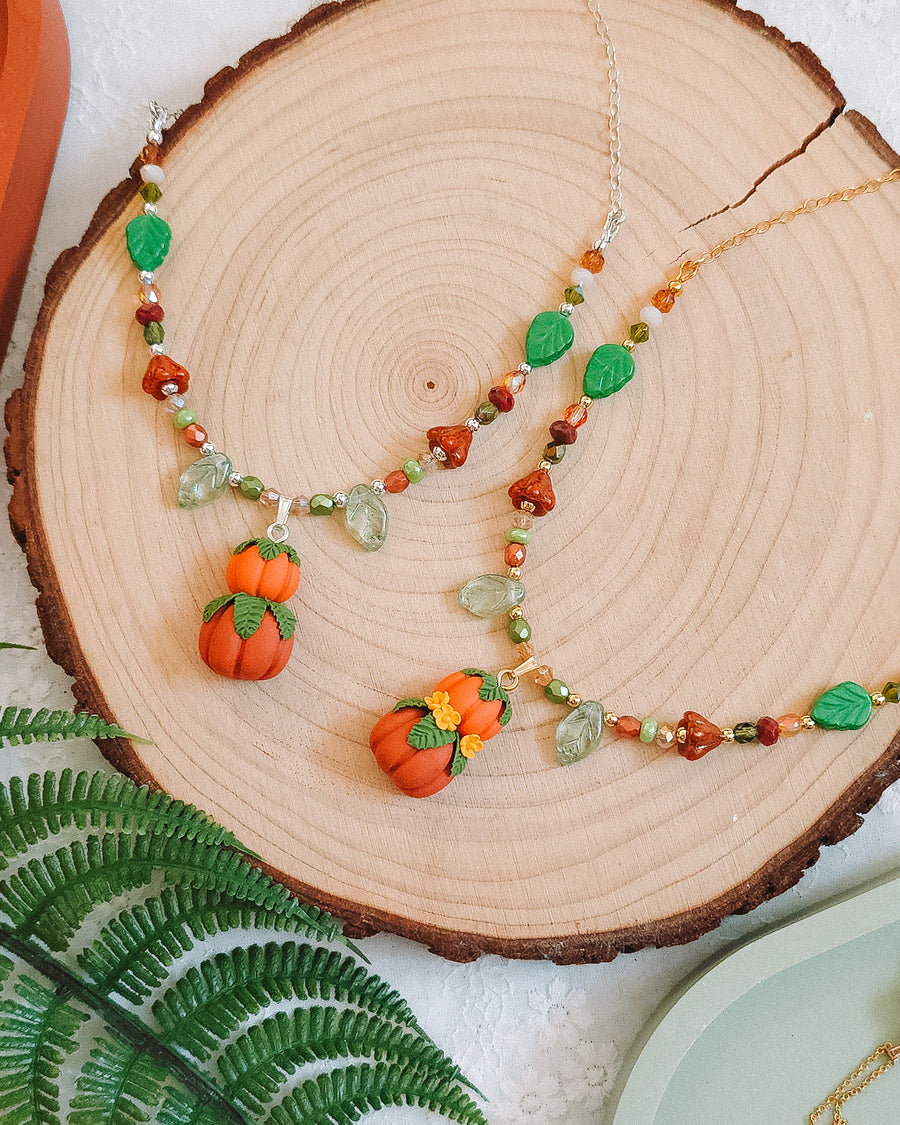 Pumpkin Stack Autumn Glass Bead & Chain Necklaces