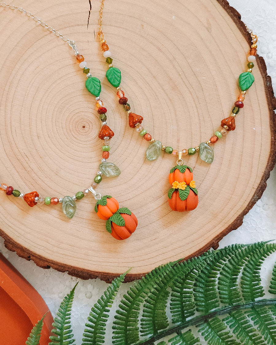 Pumpkin Stack Autumn Glass Bead & Chain Necklaces
