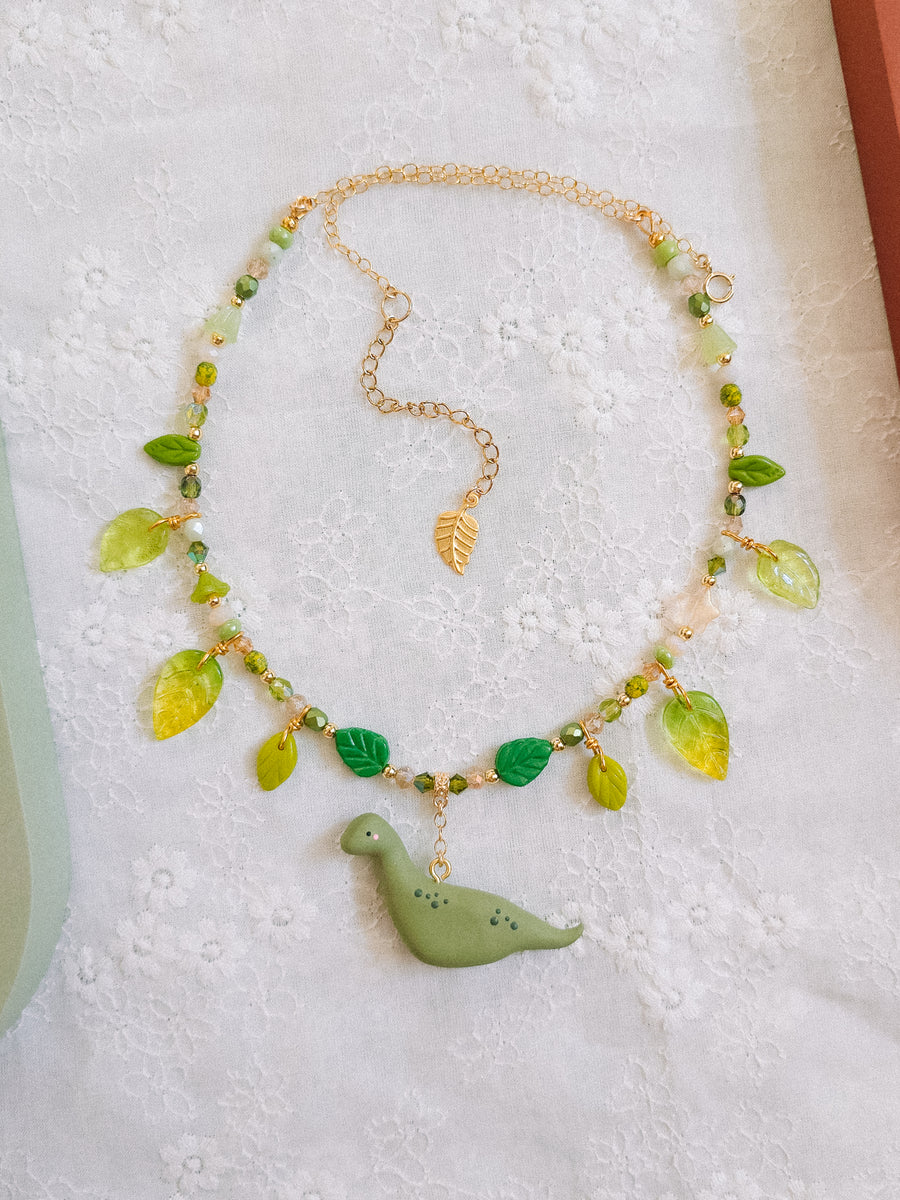 Olive Green Dino Glass Beaded Chain Necklaces