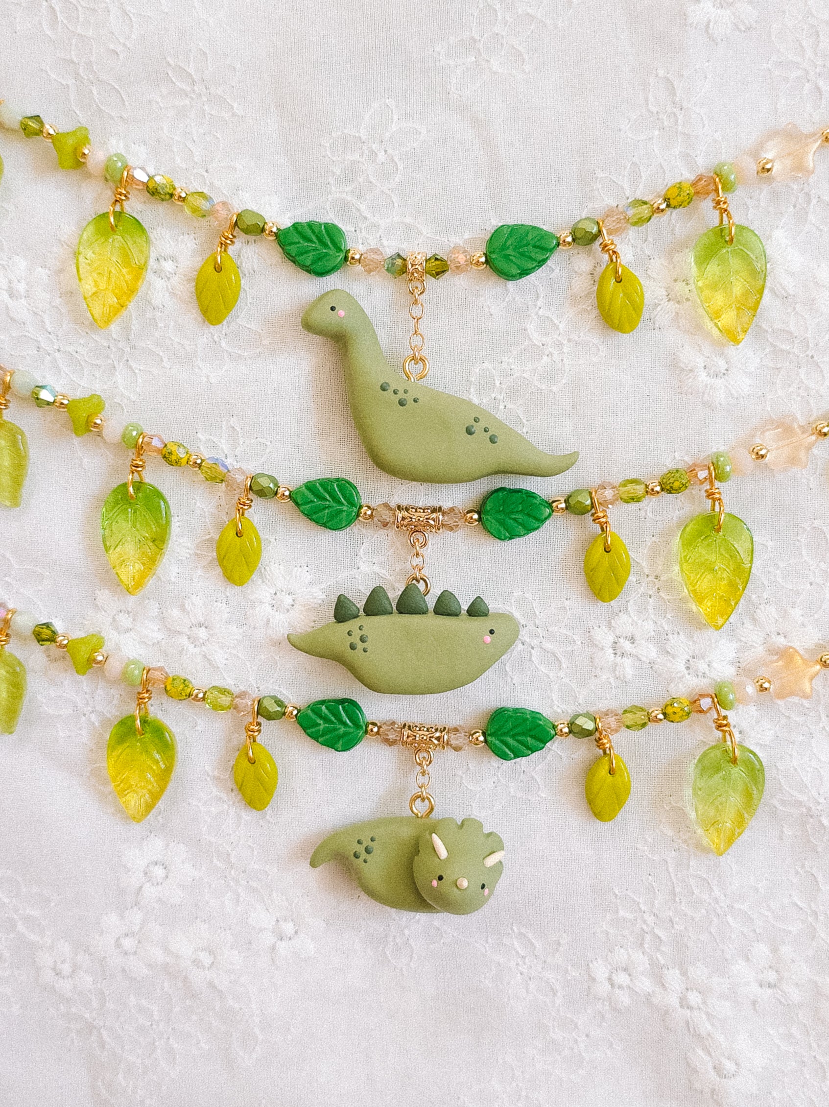 Olive Green Dino Glass Beaded Chain Necklaces