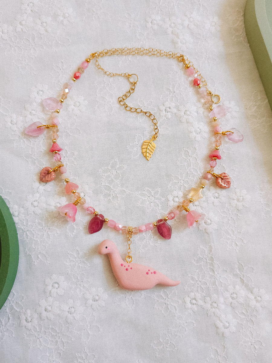Pink Dino Glass Beaded Chain Necklaces