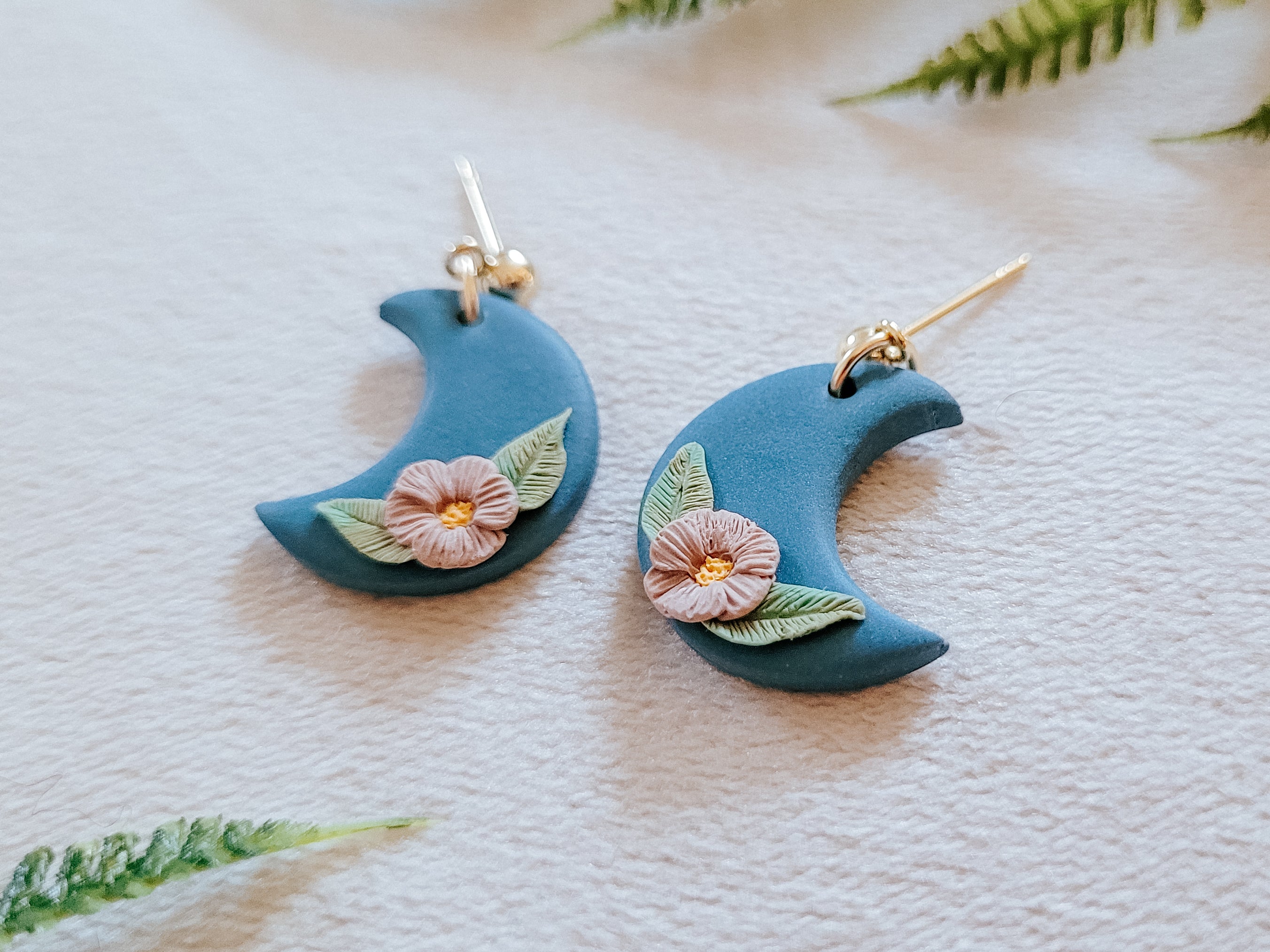 Floral Moon Earrings in Blue and Mauve