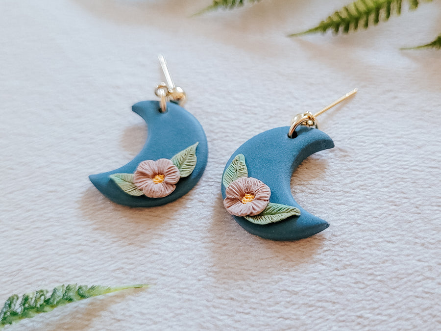 Floral Moon Earrings in Blue and Mauve