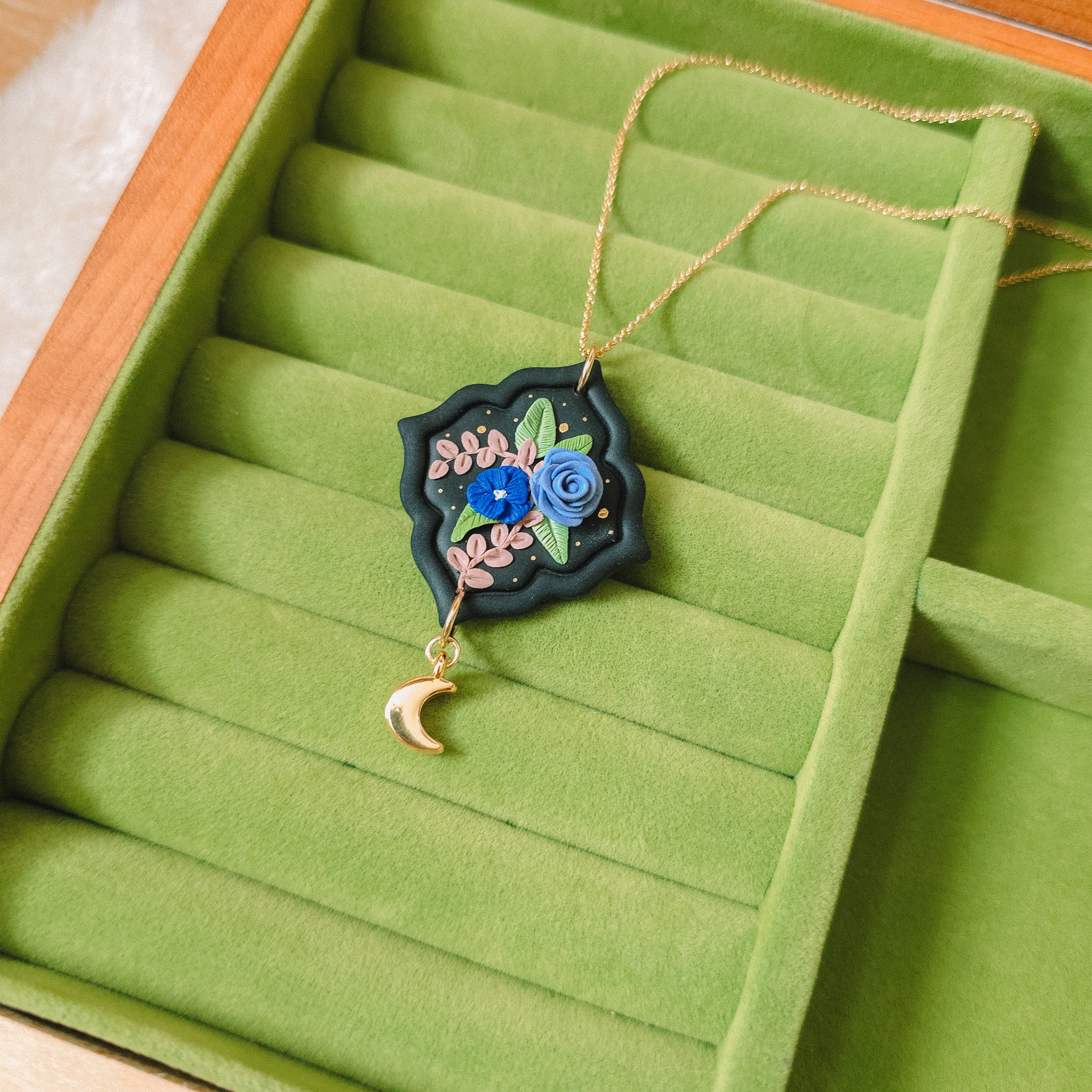 Floral Frame Necklace with Moon Charm