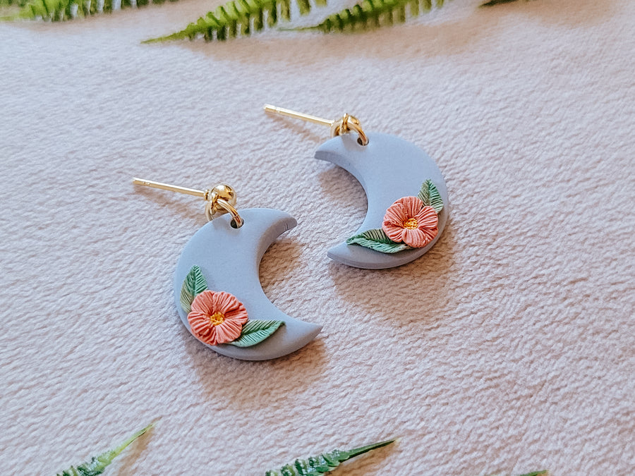 Floral Moon Earrings in Baby Blue and Pink