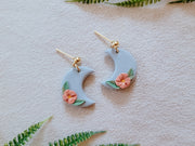 Floral Moon Earrings in Baby Blue and Pink