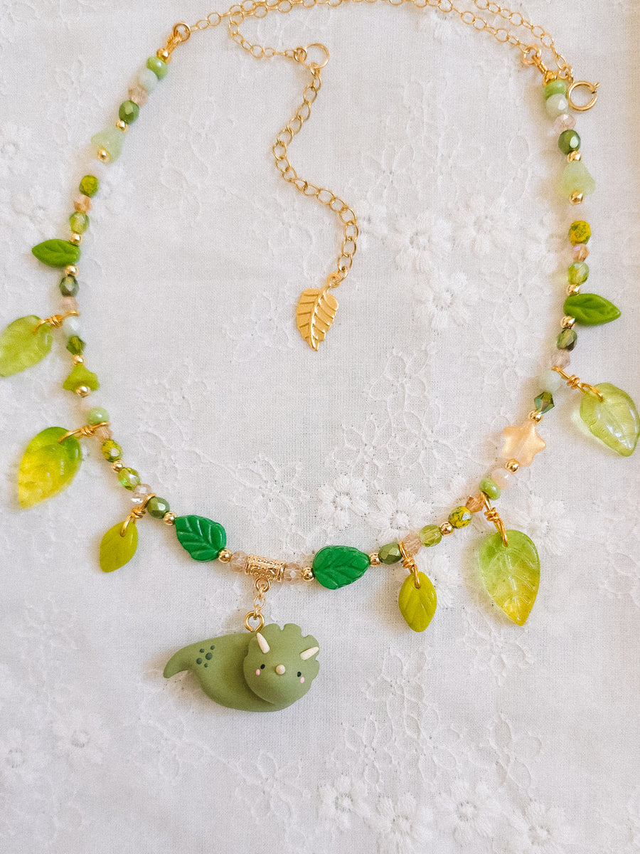 Olive Green Dino Glass Beaded Chain Necklaces
