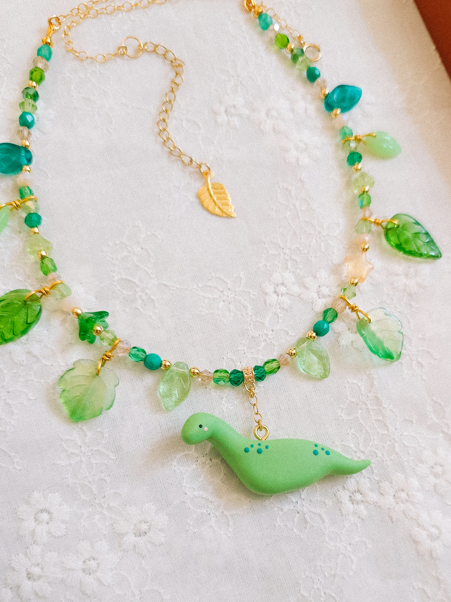 Grass Green Dino Glass Beaded Chain Necklaces