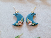 Floral Moon Earrings in Blue and Mauve