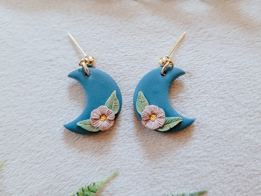 Floral Moon Earrings in Blue and Mauve