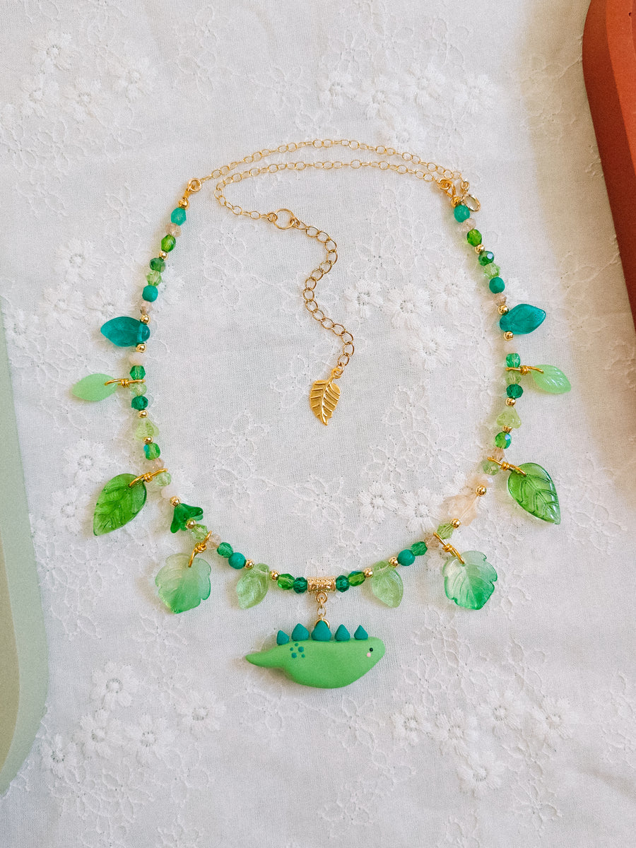 Grass Green Dino Glass Beaded Chain Necklaces