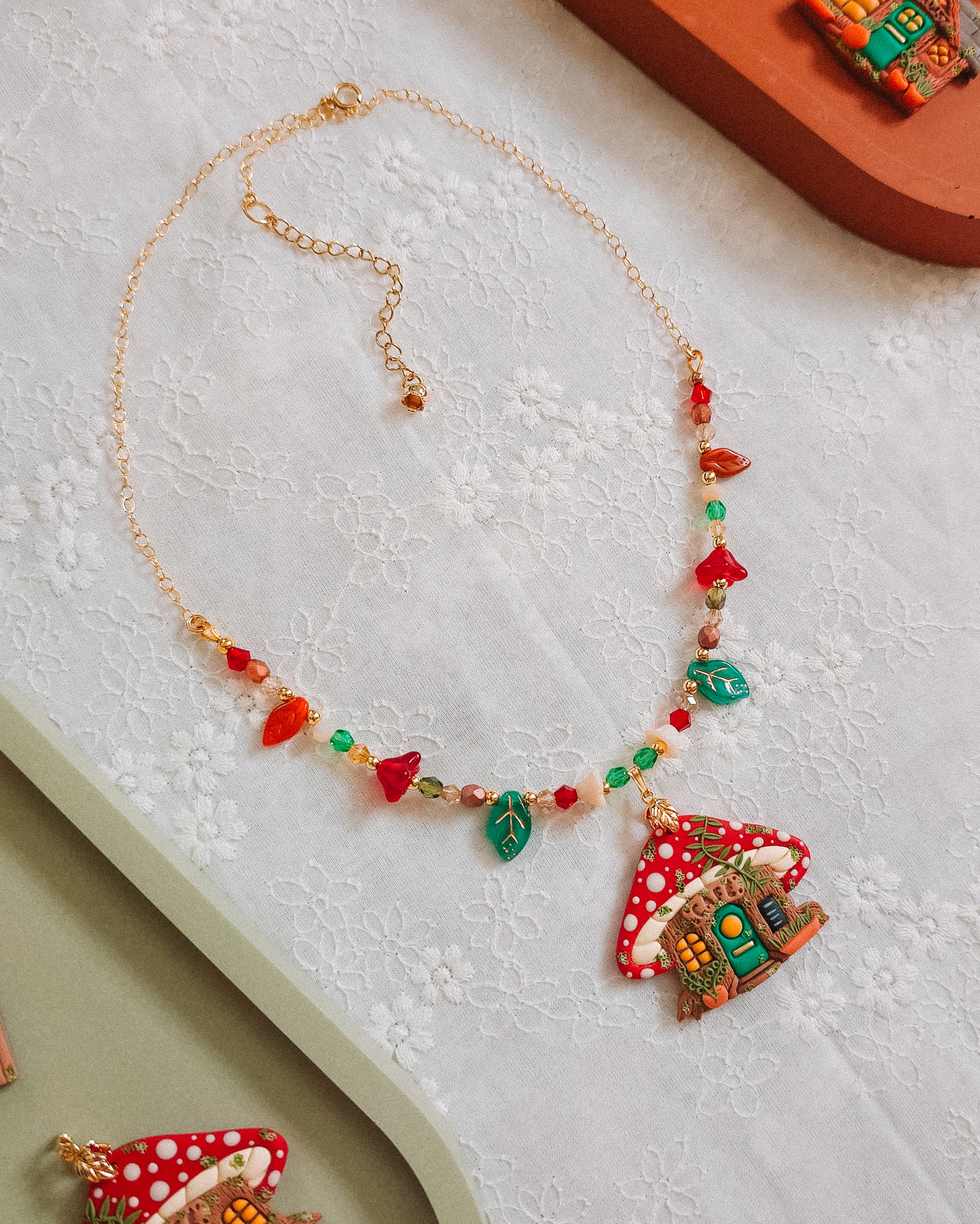 Mushroom Café Glass Beaded Chain Necklace