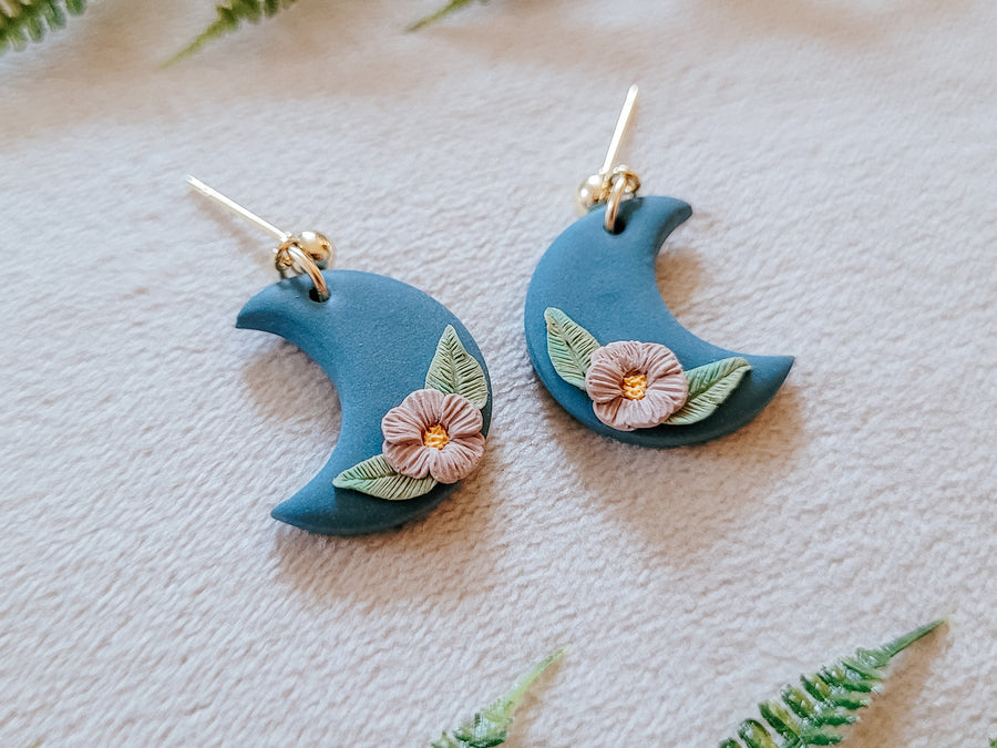 Floral Moon Earrings in Blue and Mauve