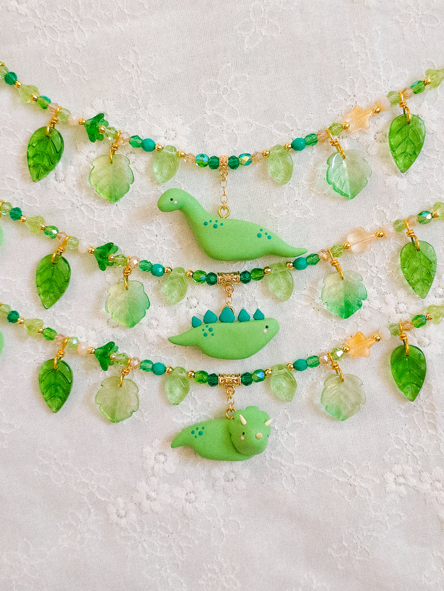 Grass Green Dino Glass Beaded Chain Necklaces