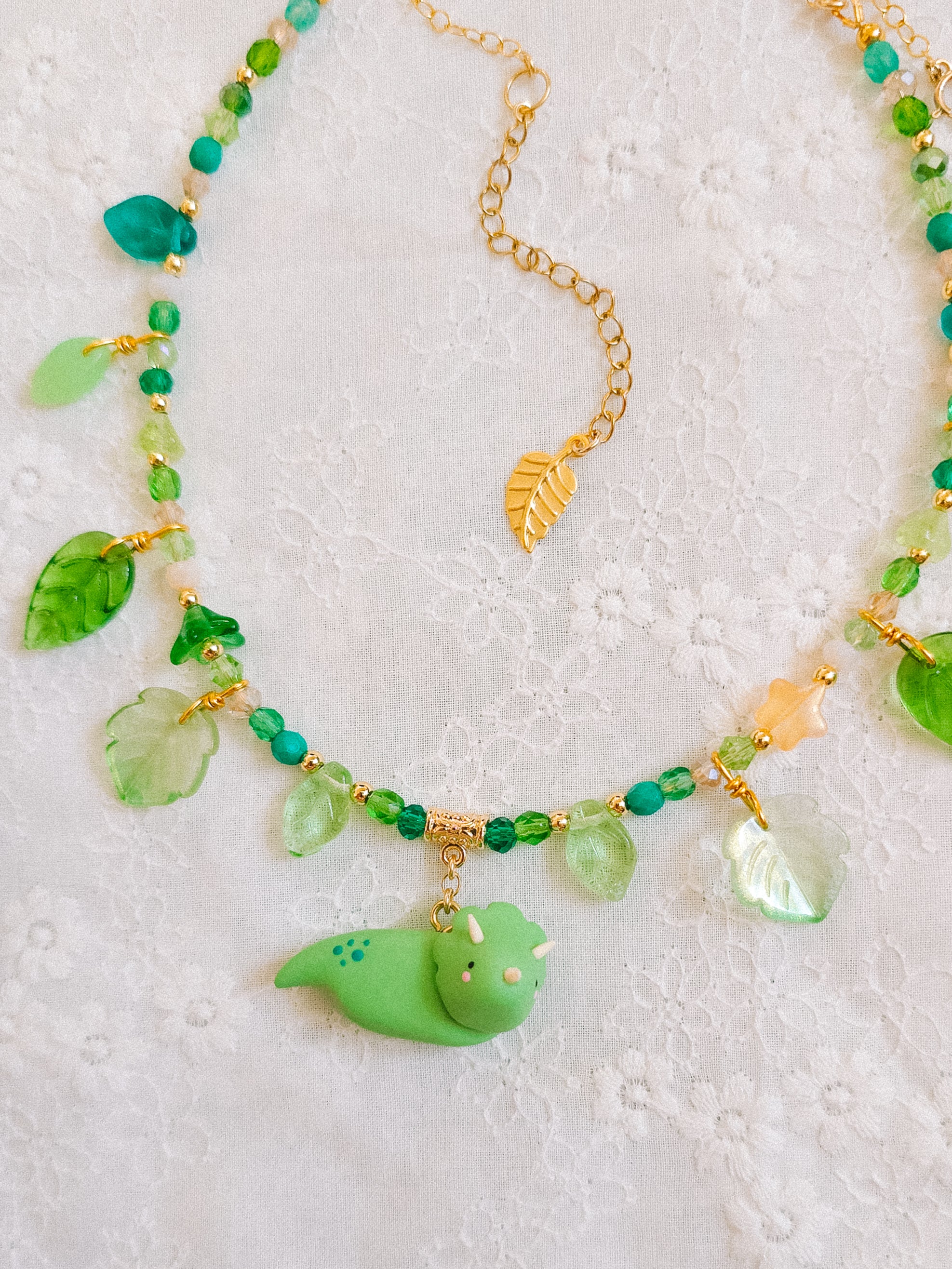 Grass Green Dino Glass Beaded Chain Necklaces