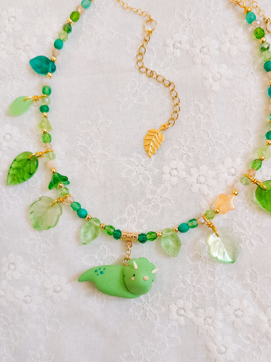 Grass Green Dino Glass Beaded Chain Necklaces