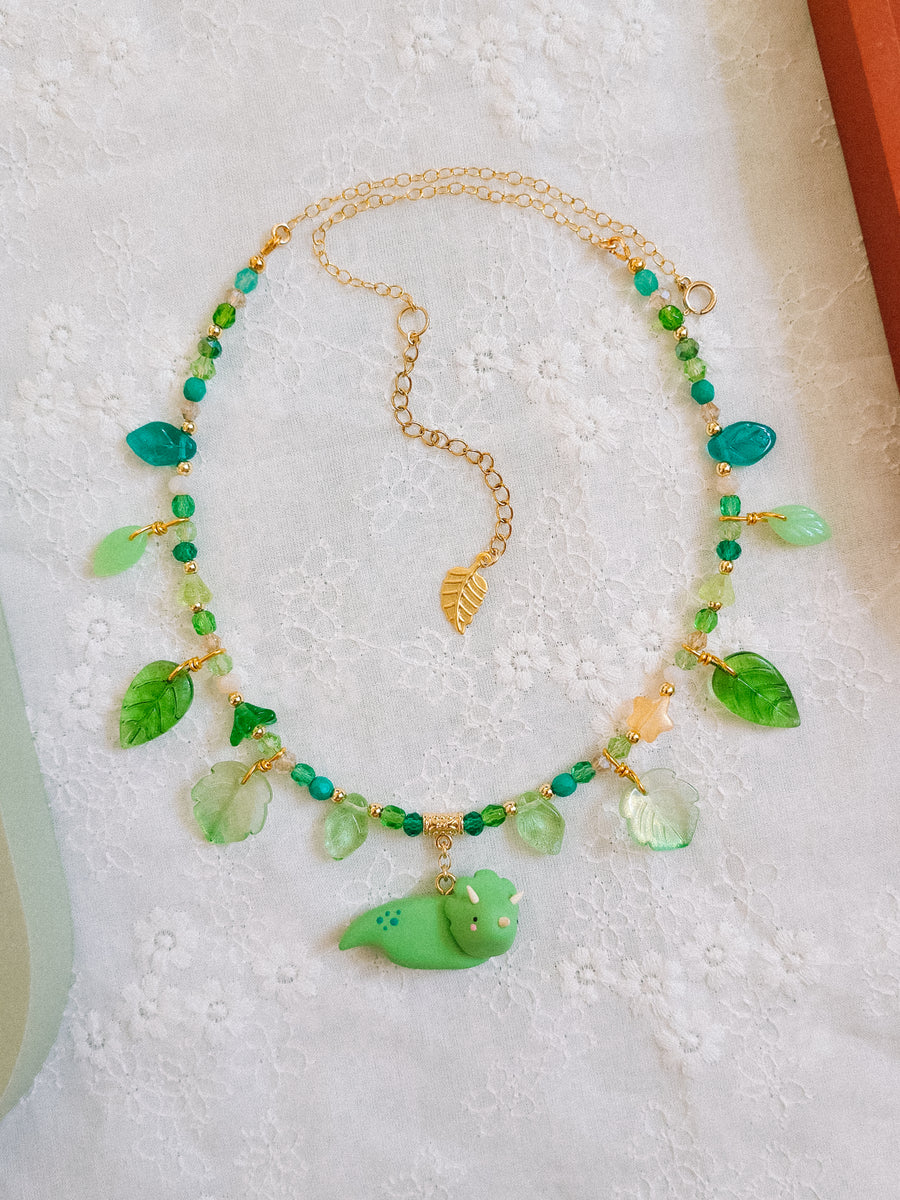 Grass Green Dino Glass Beaded Chain Necklaces