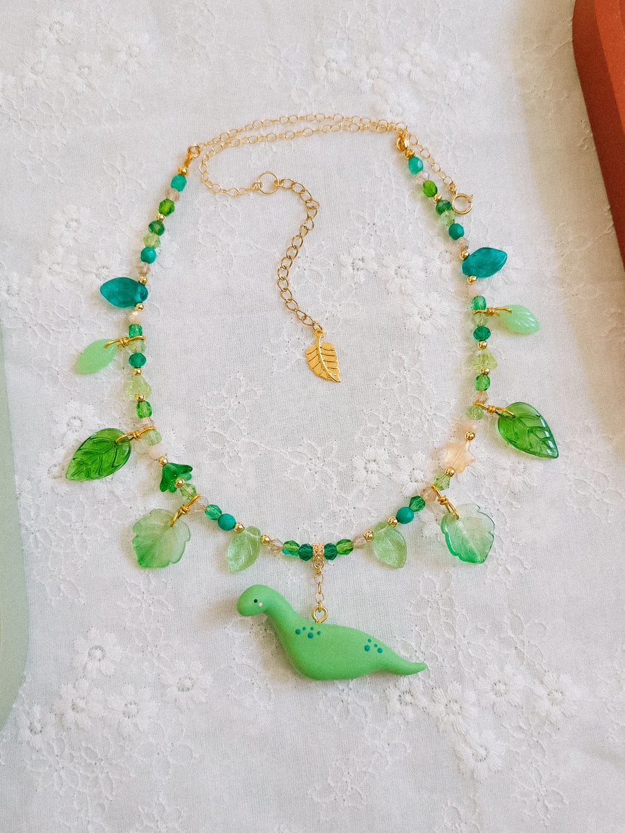 Grass Green Dino Glass Beaded Chain Necklaces