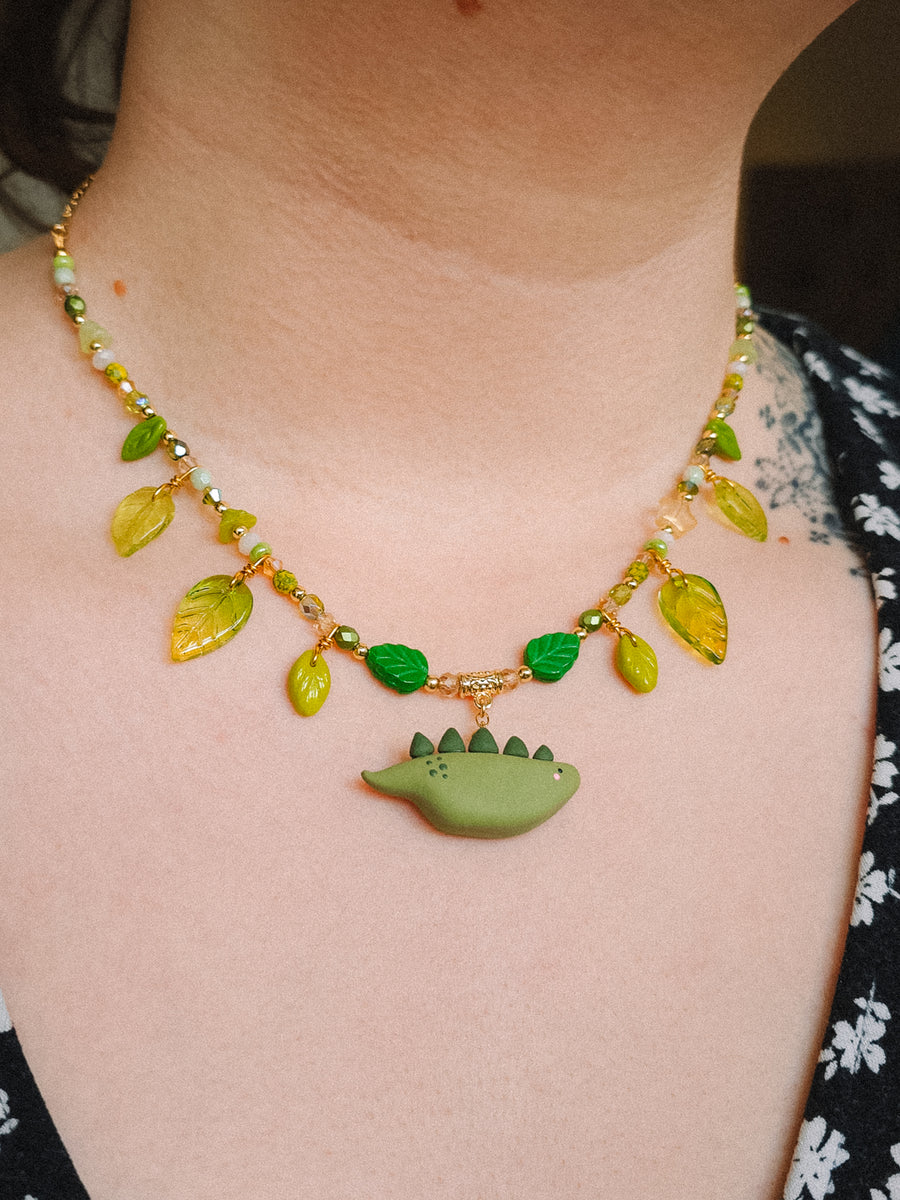 Olive Green Dino Glass Beaded Chain Necklaces