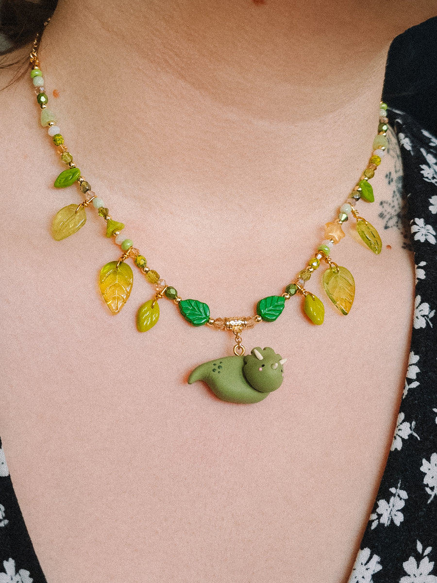 Olive Green Dino Glass Beaded Chain Necklaces