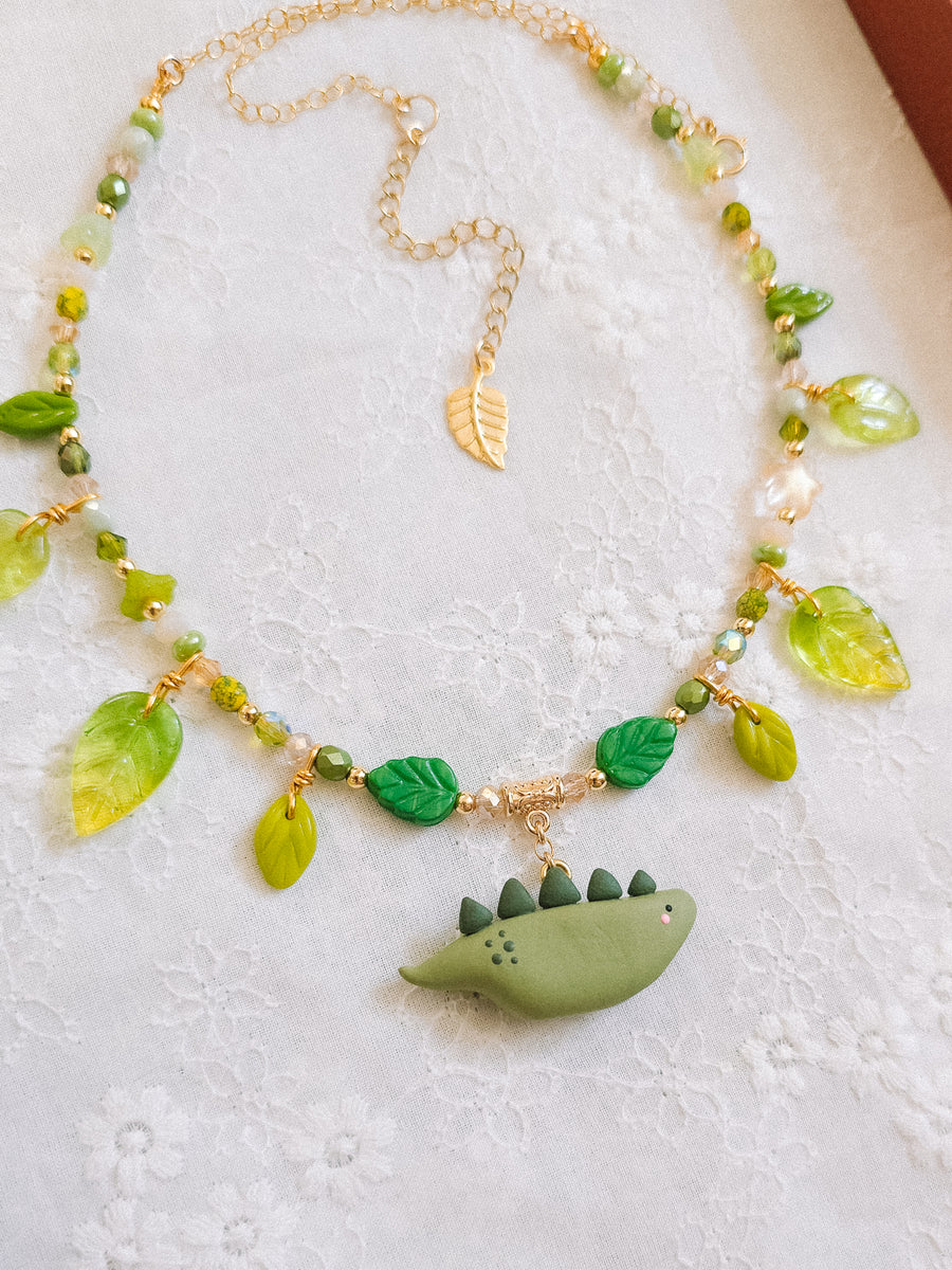 Olive Green Dino Glass Beaded Chain Necklaces