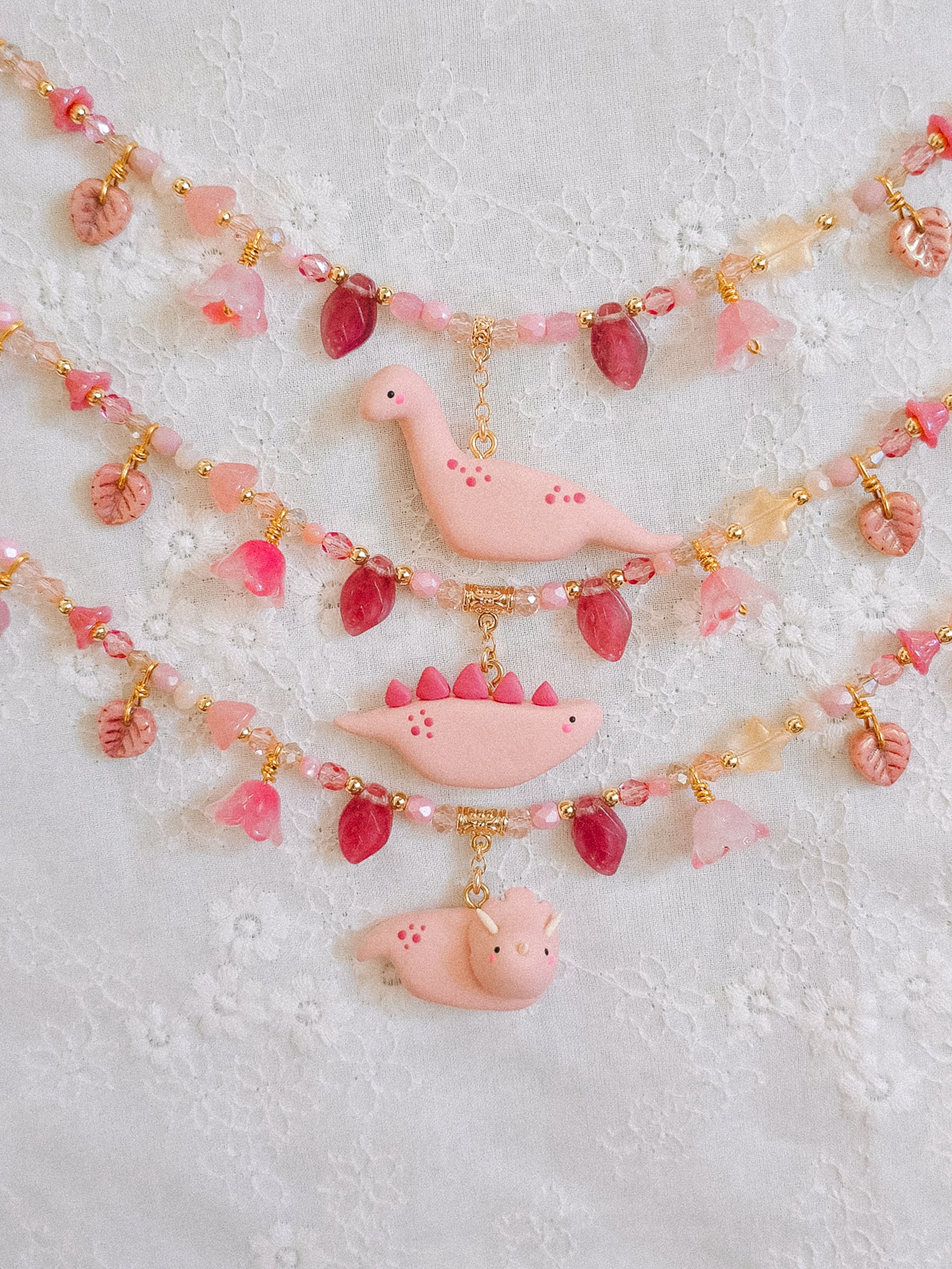 Pink Dino Glass Beaded Chain Necklaces