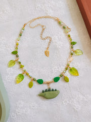 Olive Green Dino Glass Beaded Chain Necklaces