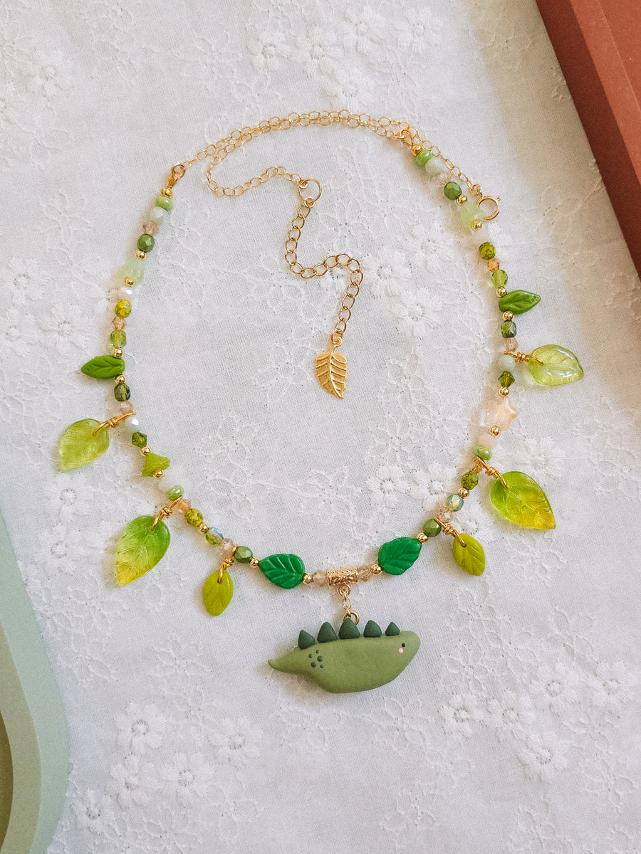 Olive Green Dino Glass Beaded Chain Necklaces