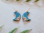 Floral Moon Earrings in Blue and Mauve