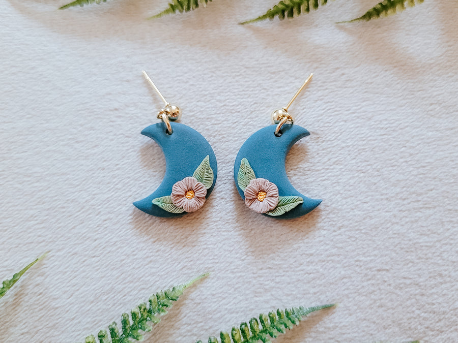 Floral Moon Earrings in Blue and Mauve
