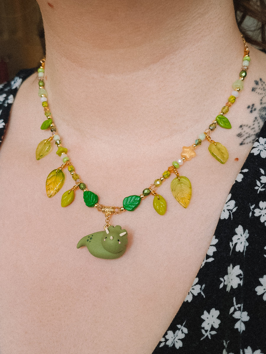 Olive Green Dino Glass Beaded Chain Necklaces