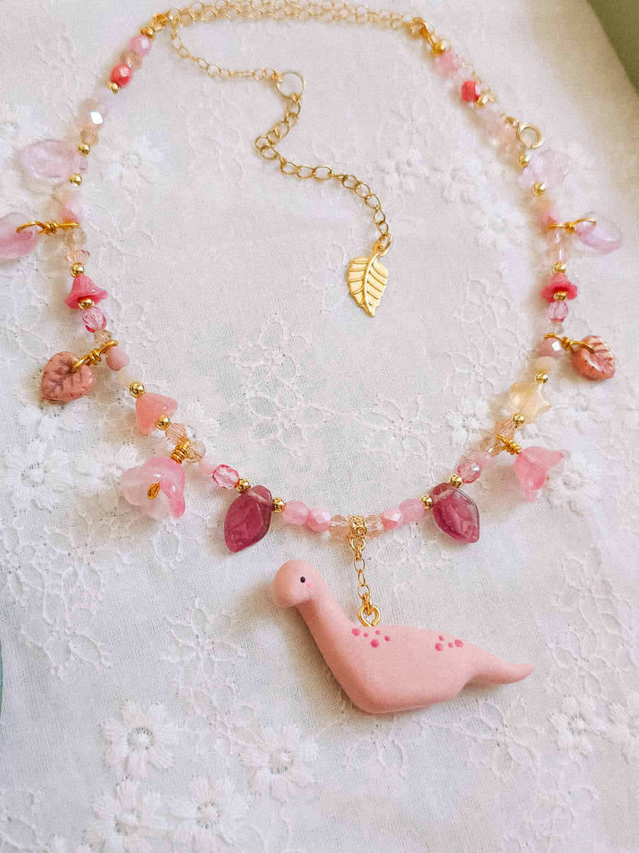 Pink Dino Glass Beaded Chain Necklaces