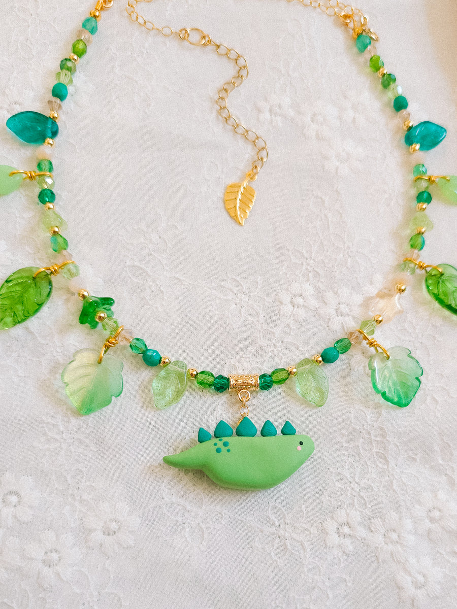 Grass Green Dino Glass Beaded Chain Necklaces