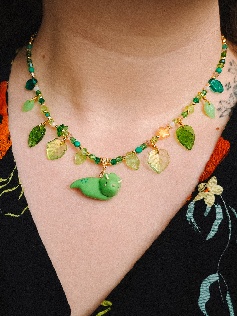 Grass Green Dino Glass Beaded Chain Necklaces