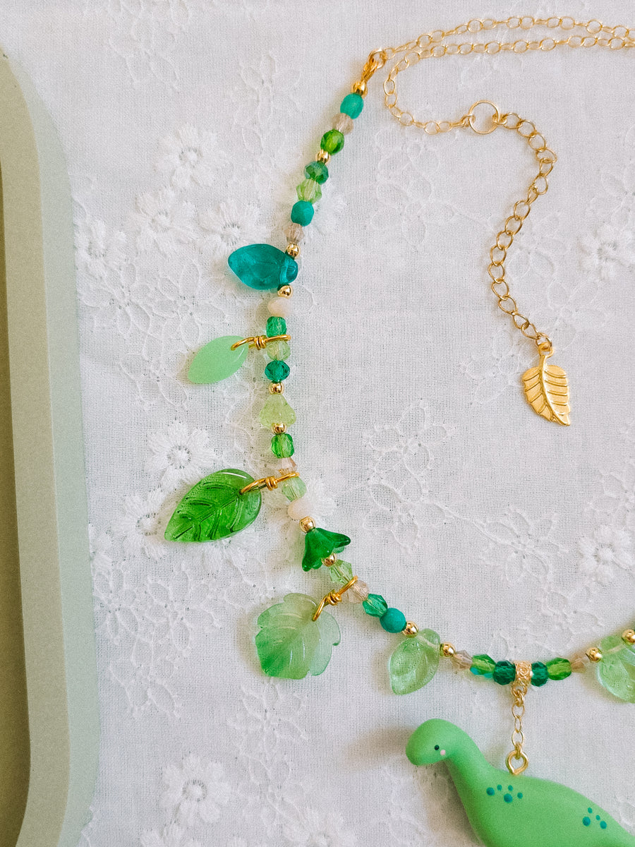 Grass Green Dino Glass Beaded Chain Necklaces