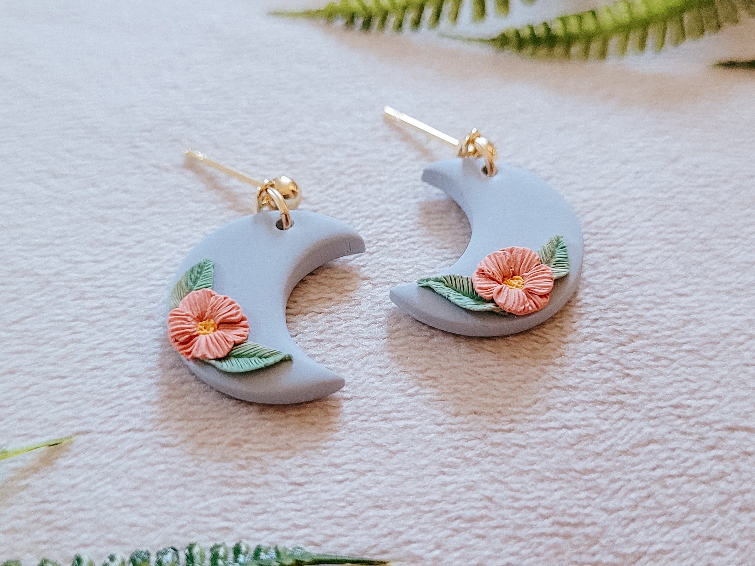 Floral Moon Earrings in Baby Blue and Pink