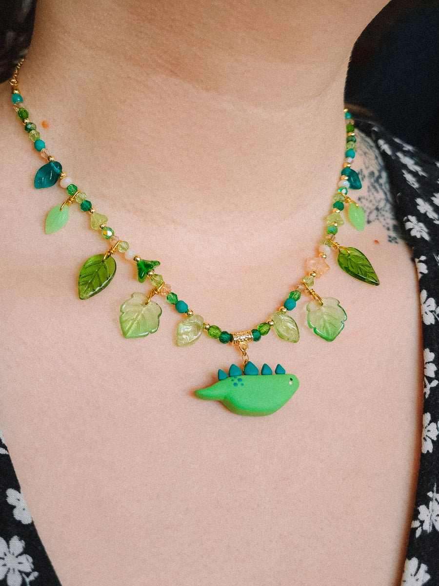 Grass Green Dino Glass Beaded Chain Necklaces